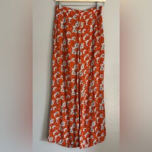 Topshop‎ Orange Floral Daisy Wide Leg Pants Retro 70s Boho Trousers Size 4
